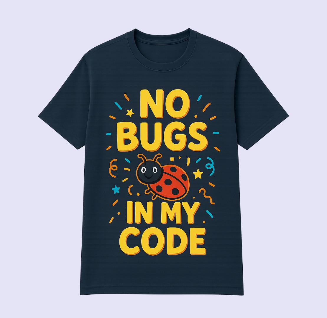 Printed T-shirt – No Bugs in My Code | Developer Humor Tee